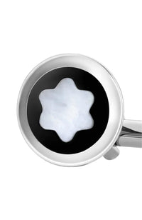 أزرار أكمام مونت بلانك دائرية من الفولاذ المقاوم للصدأ مع تطعيم باللون الأسود من مادة PVD وشعار من عرق اللؤلؤ