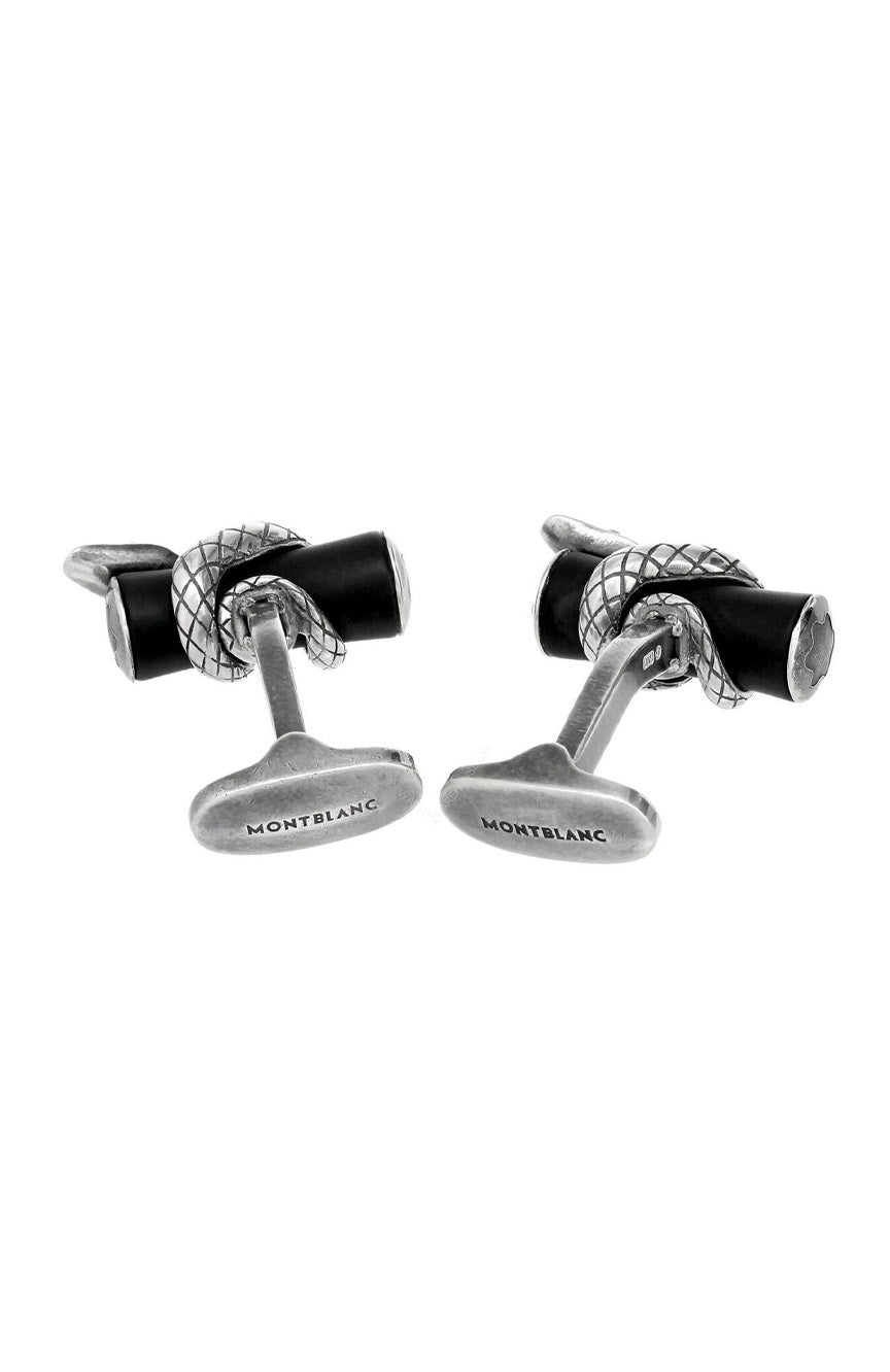 أزرار أكمام مونت بلانك فضية اللون مع تفاصيل ثعبان وطبقة نهائية من الروثيني الأسود