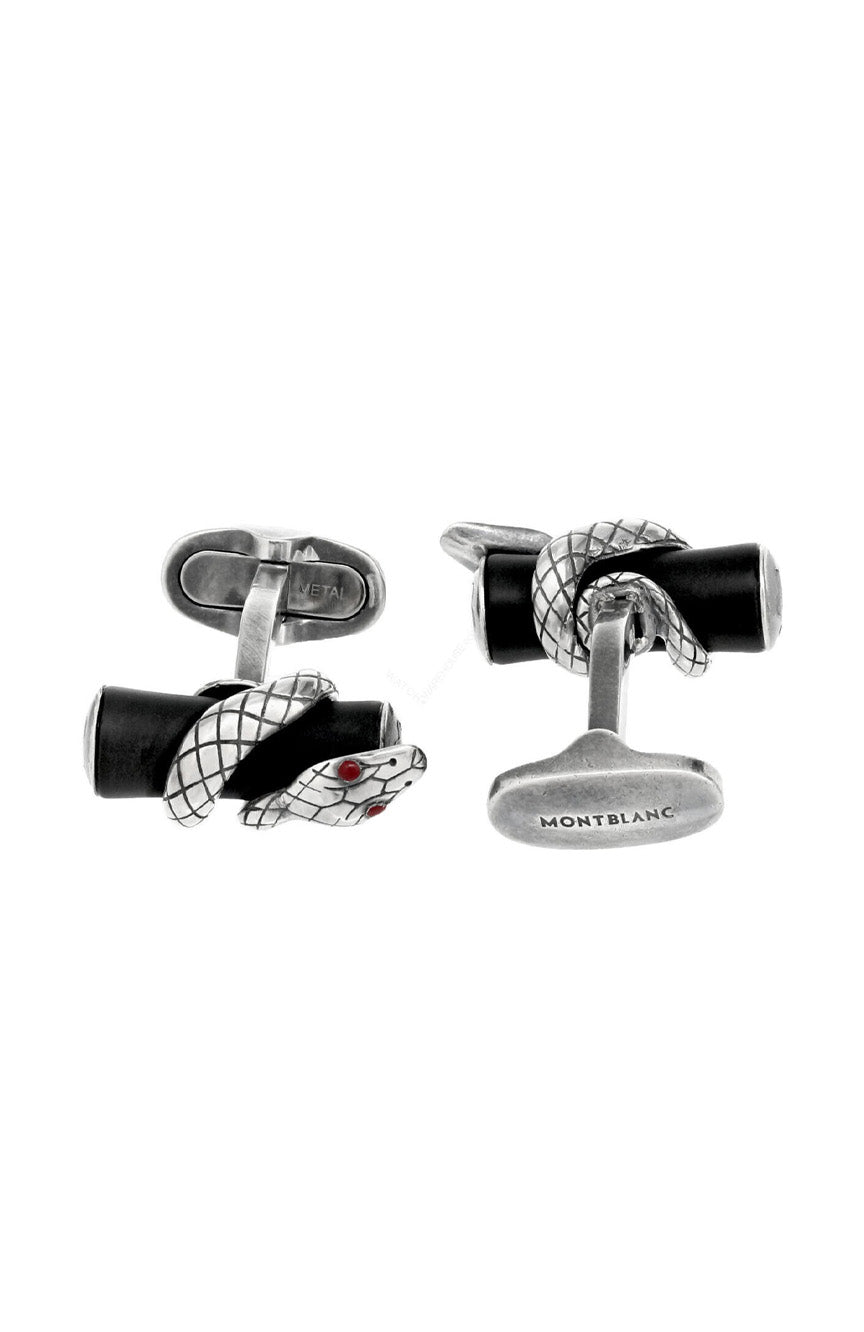 أزرار أكمام مونت بلانك فضية اللون مع تفاصيل ثعبان وطبقة نهائية من الروثيني الأسود