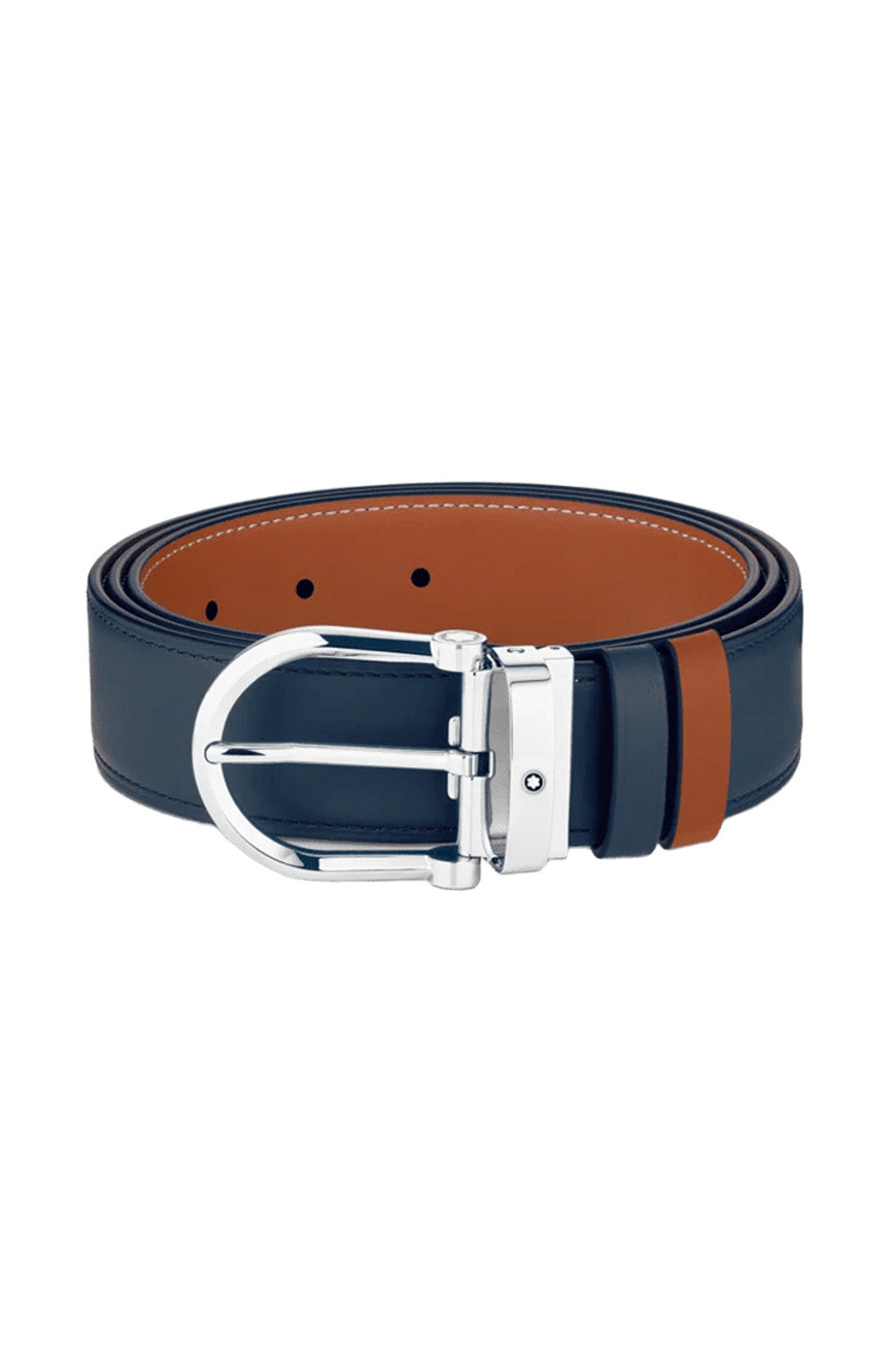 حزام جلدي قابل للعكس من Montblanc Horseshoe باللون الأزرق/البني مقاس 35 مم