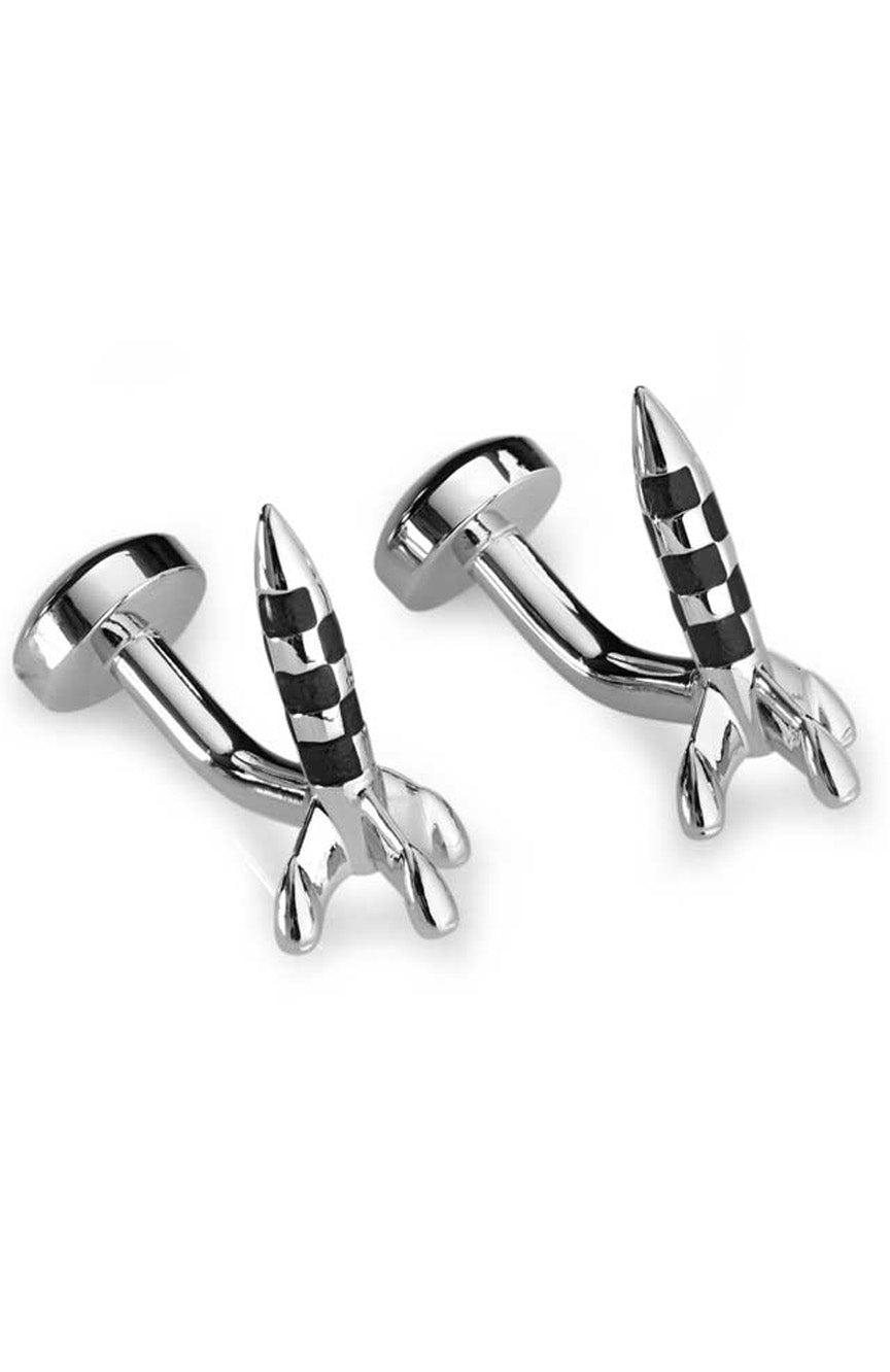 Babette Wasserman Retro Rocket Cufflinks, Black - Base Metal Rhodium Plated, Enamel