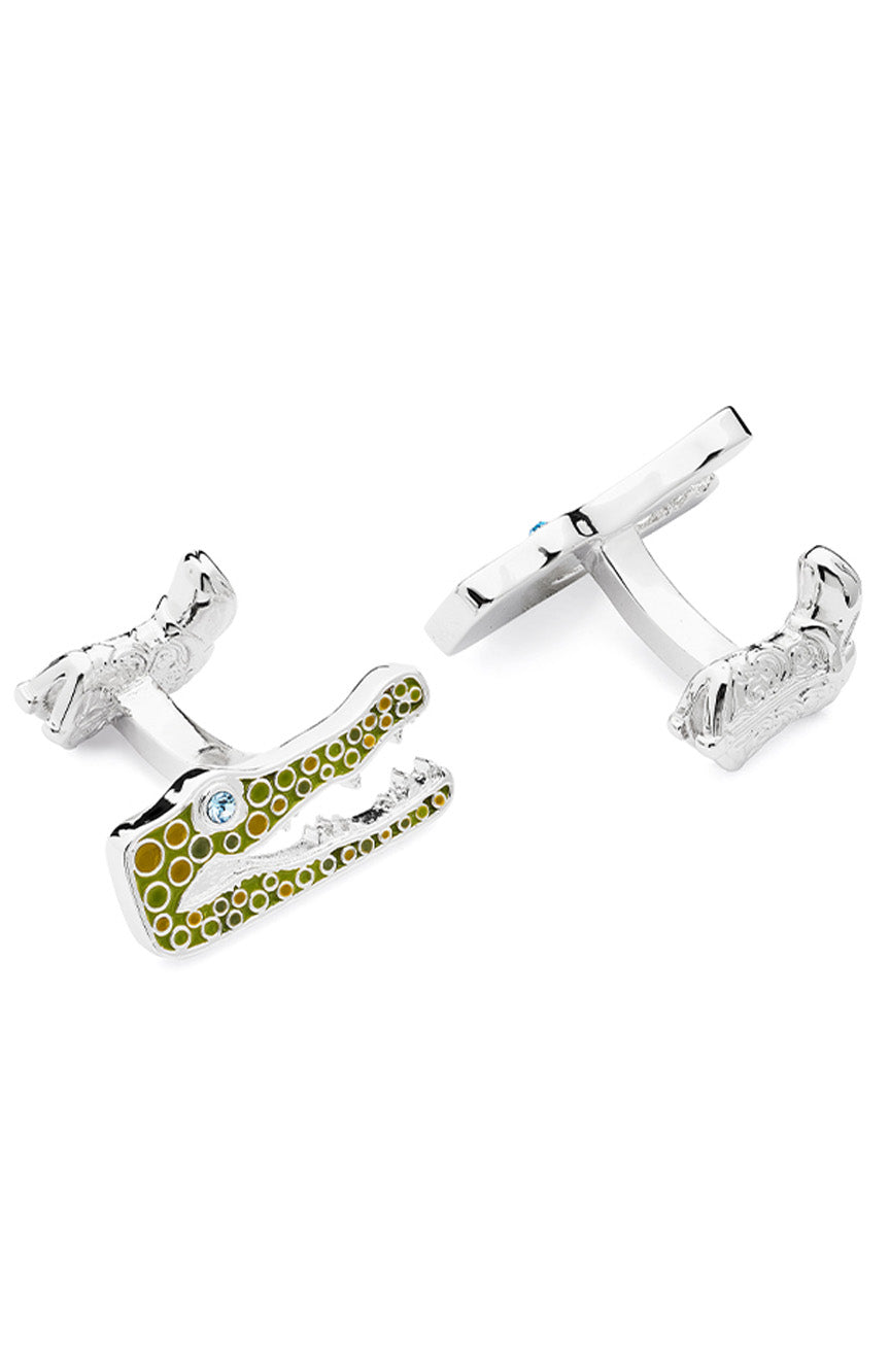Babette Wasserman Crocodile Cufflinks, Rhodium - Base Metal, Rhodium Plated, Green Enamel