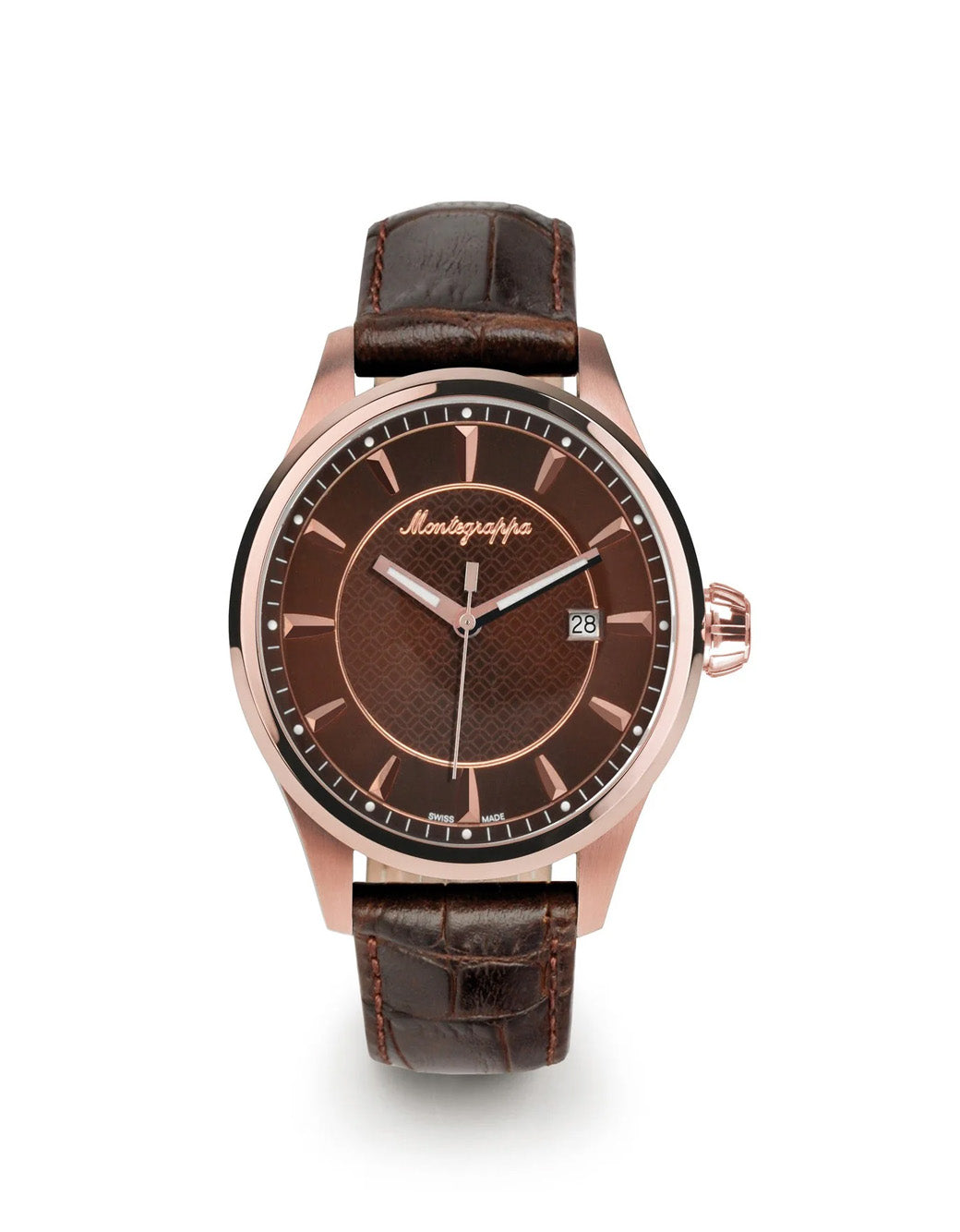 Montegrappa Fortuna Three-Hands Watch, Rose Gold PVD, Brown Dial, Brown Leather Strap