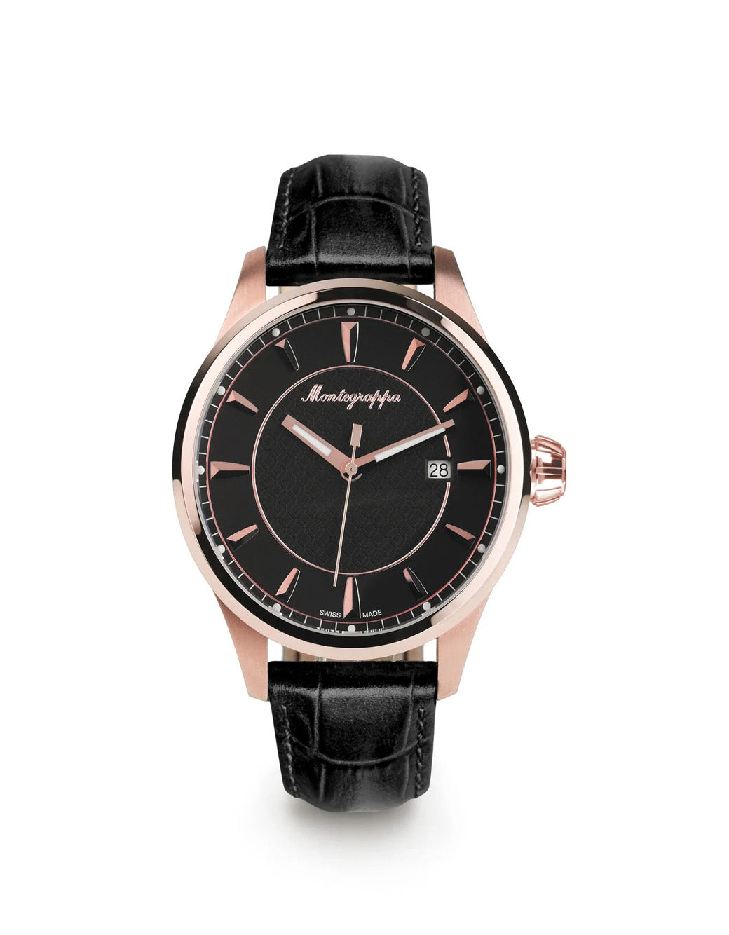 Montegrappa Fortuna Three-Hands Watch, Rose Gold PVD, Black Dial, Black Leather Strap