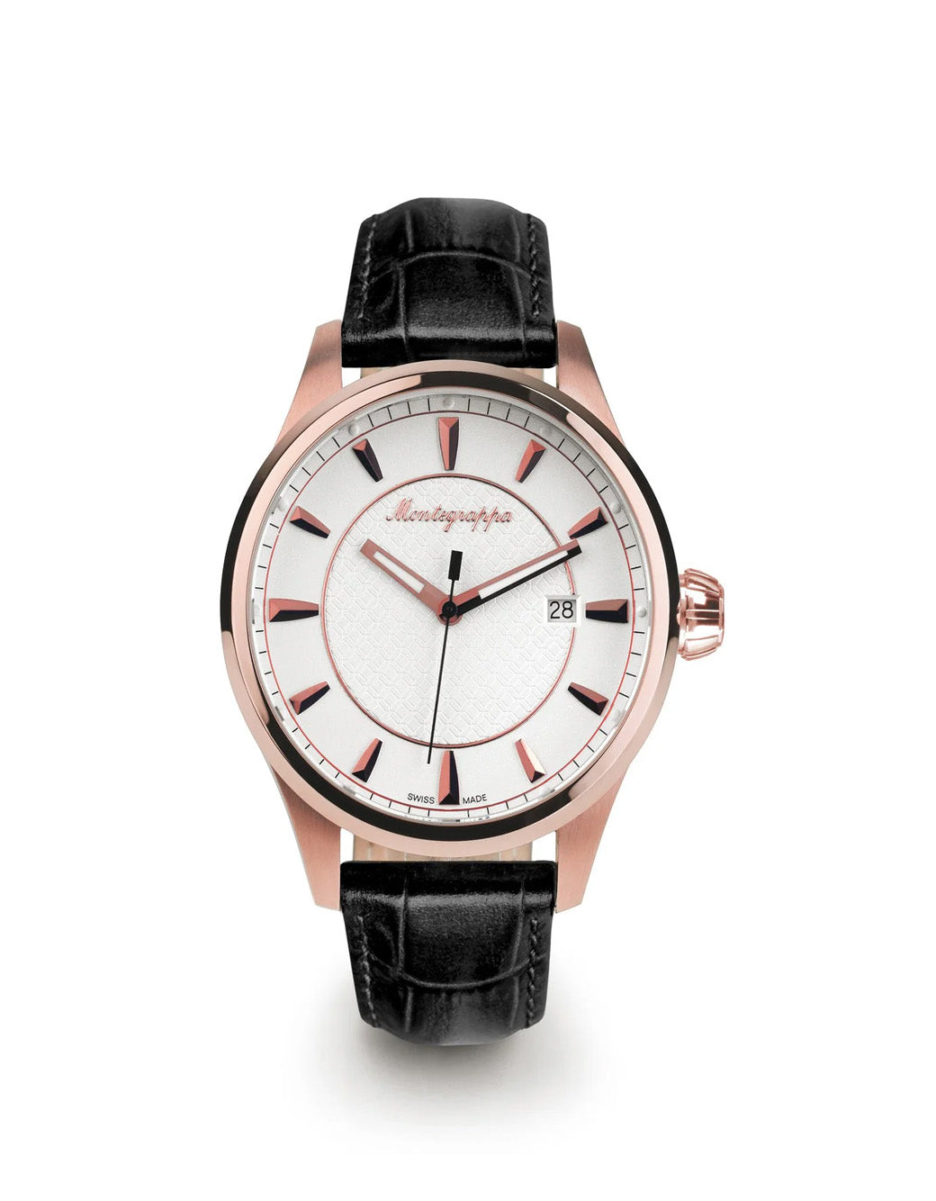 Montegrappa Fortuna Three-Hands Watch, Rose Gold PVD, Silver Dial, Black Leather Strap