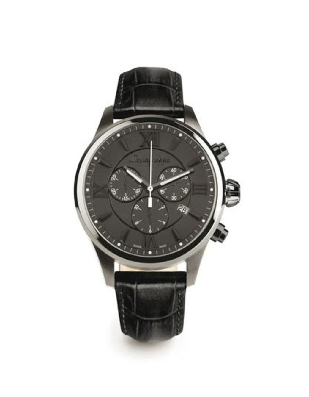 Montegrappa Fortuna Chronograph, Gun Metal PVD, Gun Dial, Black Leather Strap