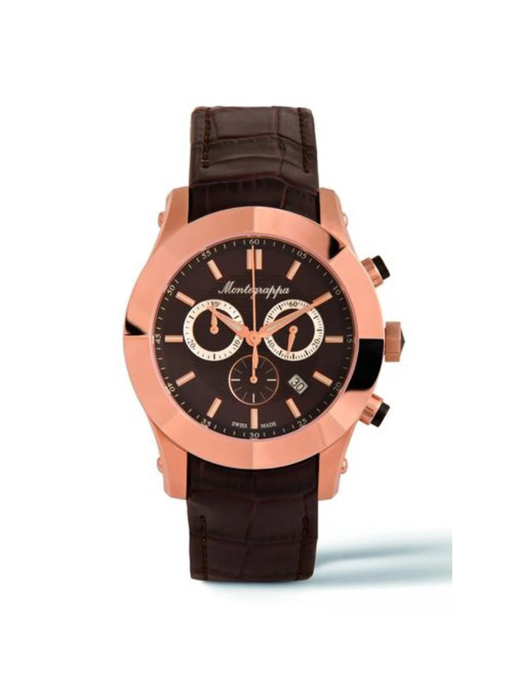 Montegrappa NeroUno Chronograph, Rose Gold PVD, Brown Dial, Brown Leather Strap