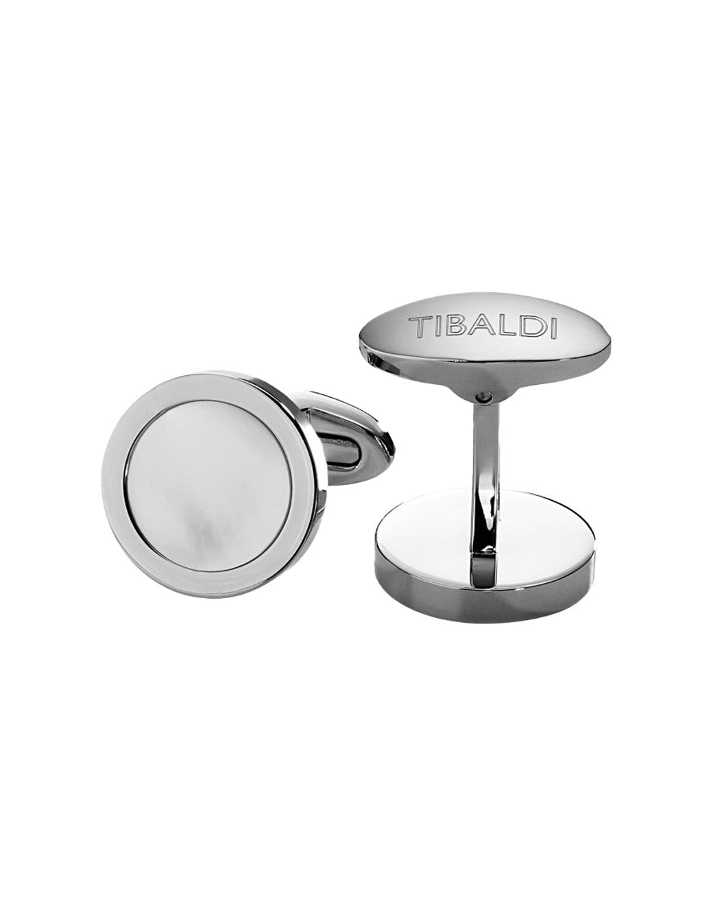Tibaldi Round Stainless Steel Cufflinks With  Mother-Of-Pearl Inlay