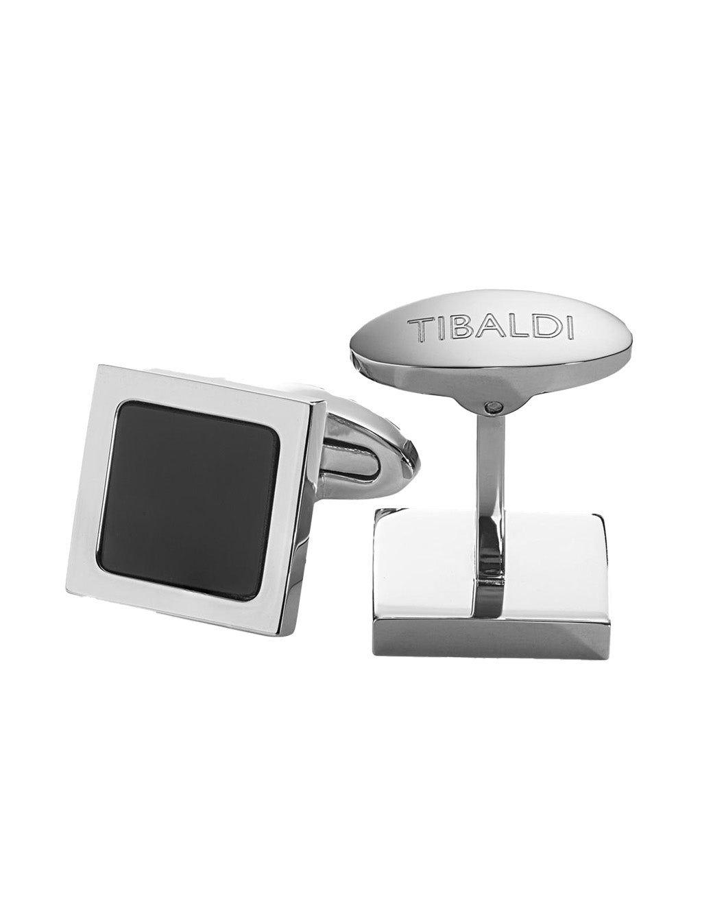 Tibaldi Square -Button Stainless Steel Cufflinks With Black Onyx  Inlay